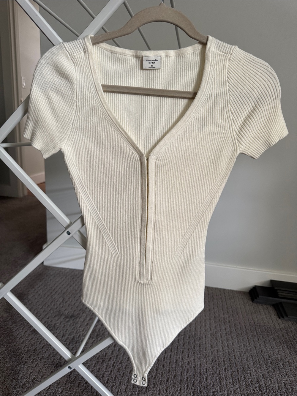 Abercrombie & Fitch Cream Ribbed Zip-Front Short Sleeve Bodysuit